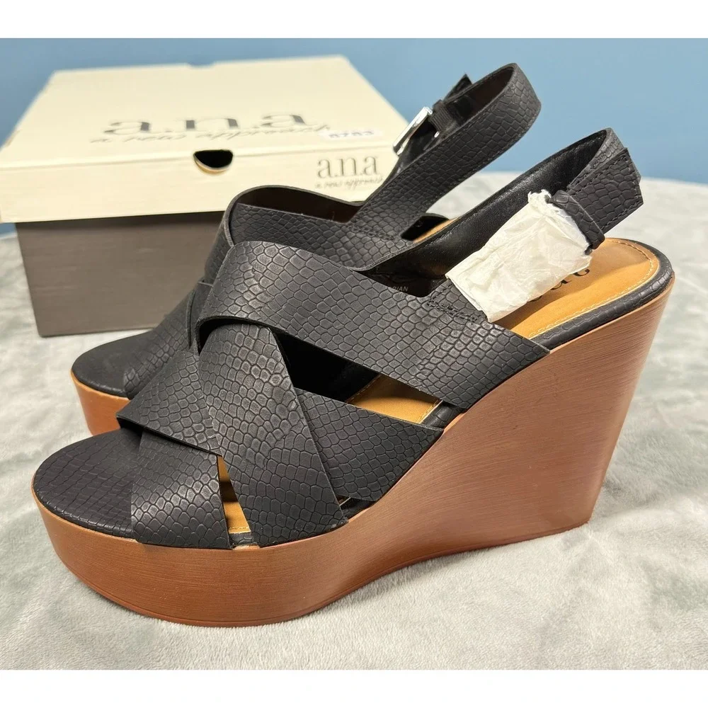 ana Dorian Womens 10 Black Platform Wedge Sandals Crisscross Strap